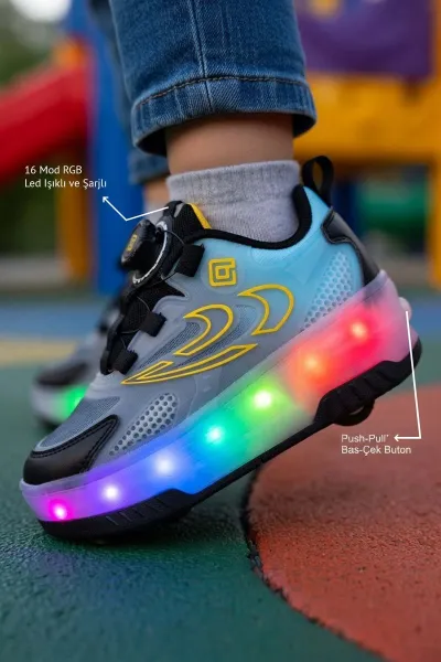 Pepino Erkek Çocuk Şarj Edilebilir 16 MOD RGB LED Işıklı Tekerlekli PATEN Ayakkabı Bas-Çek Butonlu S PP-Ç-0010