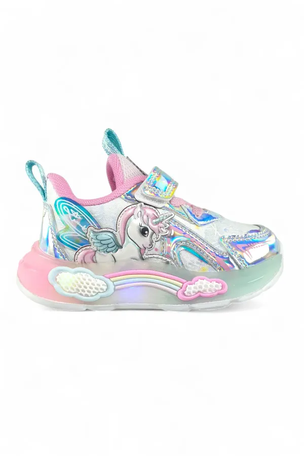 Unicorn Desenli Işıklı Bebe Çocuk Spor Ayakkabı Gümüş