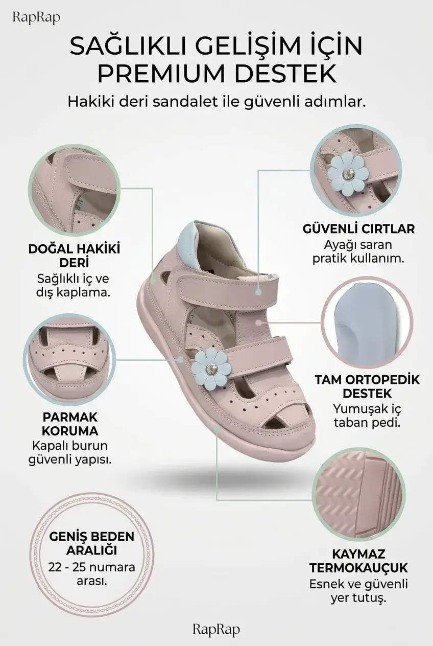 Hakiki Deri Çiçek Detaylı Tam Ortopedik Kız Bebe Ayakkabı1
