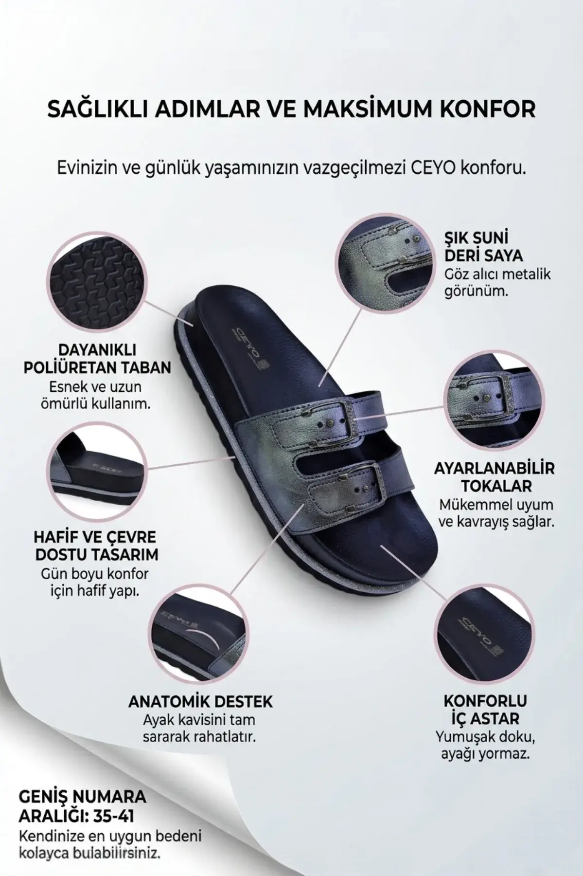 Siyah Hafif Taban Anatomik İç Destekli Ayarlanabilir Tokalı Kadın Terlik2