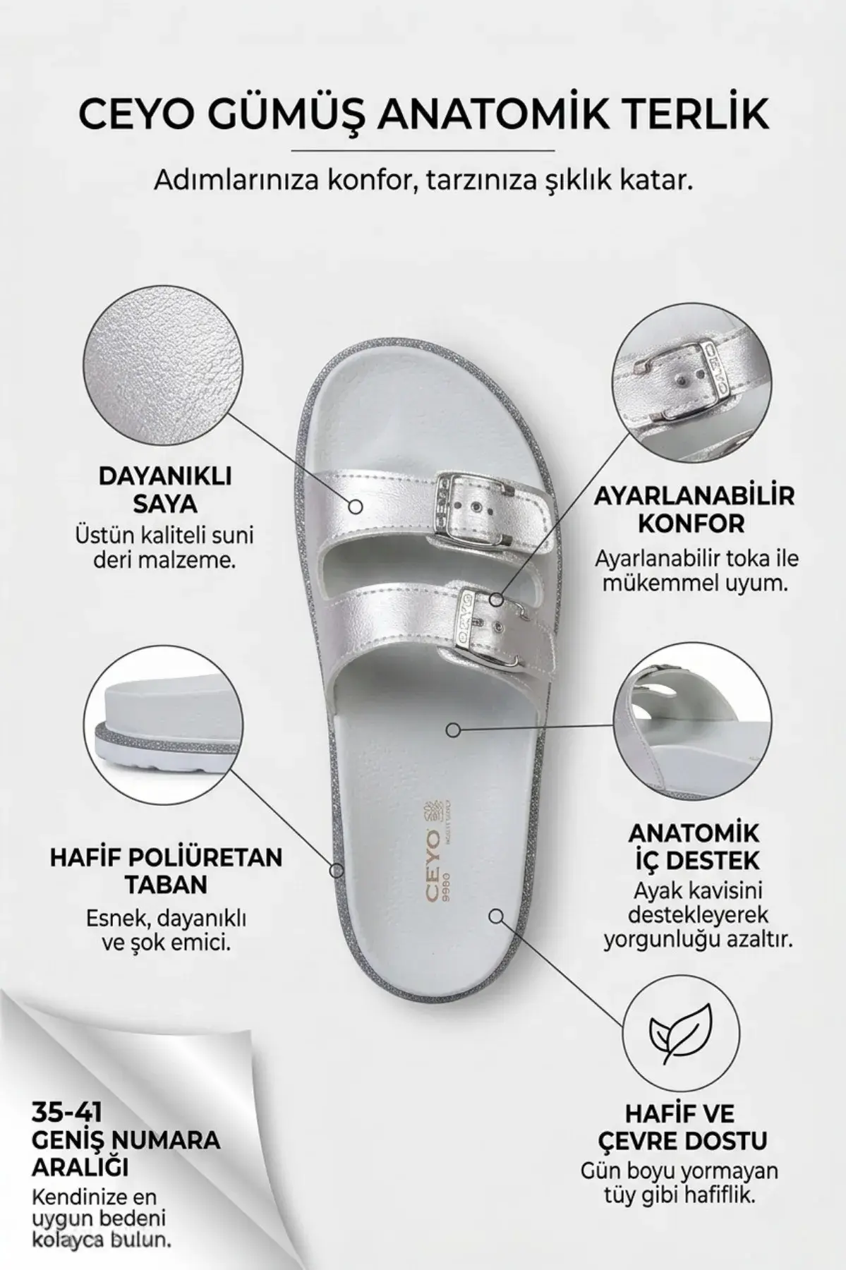 Gri Hafif Taban Anatomik İç Destekli Ayarlanabilir Tokalı Kadın Terlik2