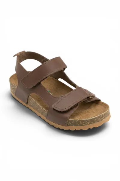 Deri Ortopedik Cift Cırtlı Bebek Sandalet Camel