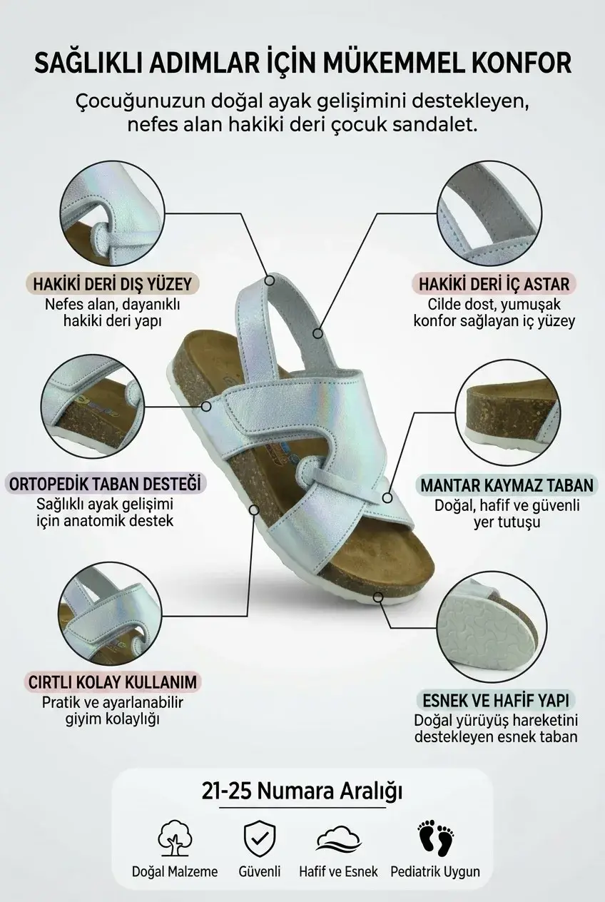 Gümüş Deri ve Ortopedik Bebek Sandalet