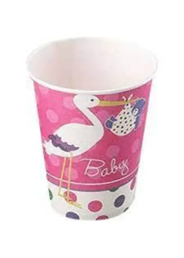 Baby Shower Pembe Leylek Karton Bardak 8'li