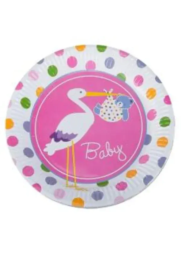 Baby Shower Pembe Leylek Karton Tabak 8'li
