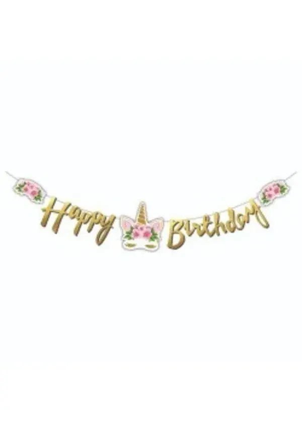 Unicorn Çiçekli Happy Birhday Banner