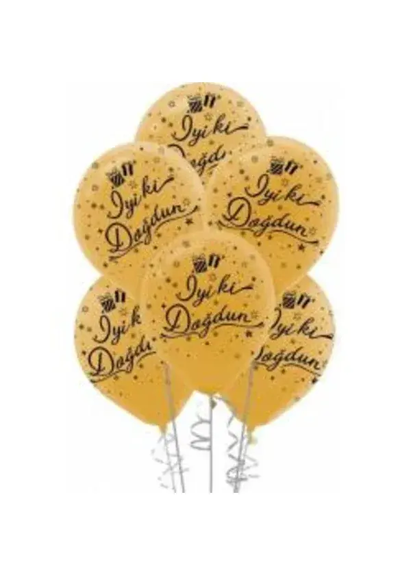 Siyah İyi ki Doğdun Baskılı Metalik Altın Balon 5'li Paket