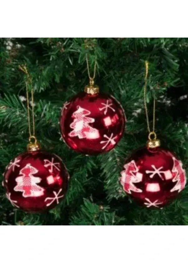 Yılbaşı Ağacı Süsleme Topları Ağaç Desenli Kirmizi 8 cm 3'lü