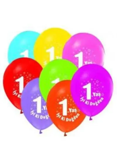 1 Yaş İyi Ki Doğdun Baskılı Karışık Balon 5'li Paket