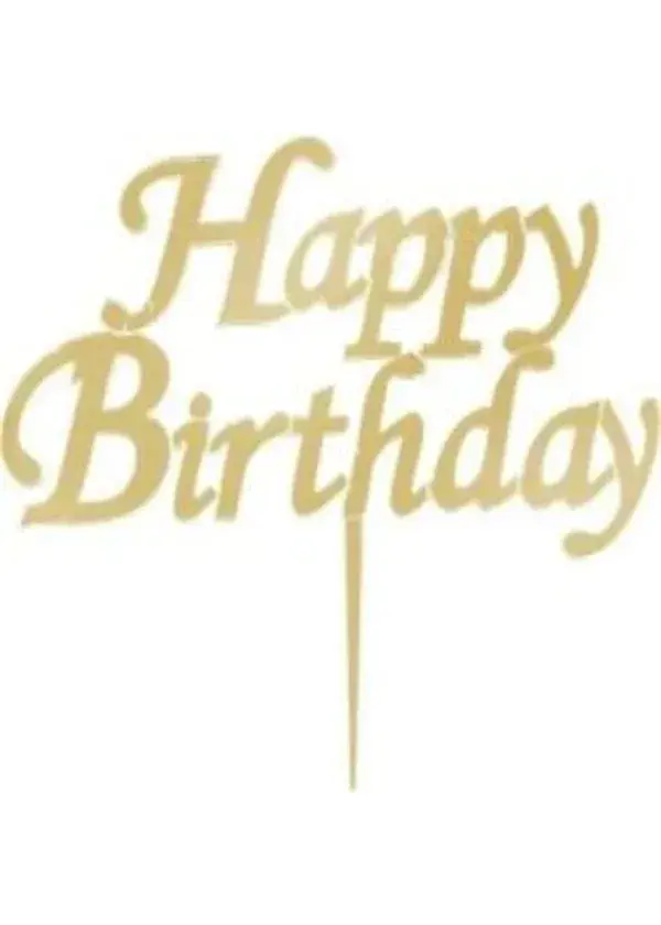 Happy Birthday Yazılı Pasta ve Cupcake Süsü Altın Pleksi 14x15cm