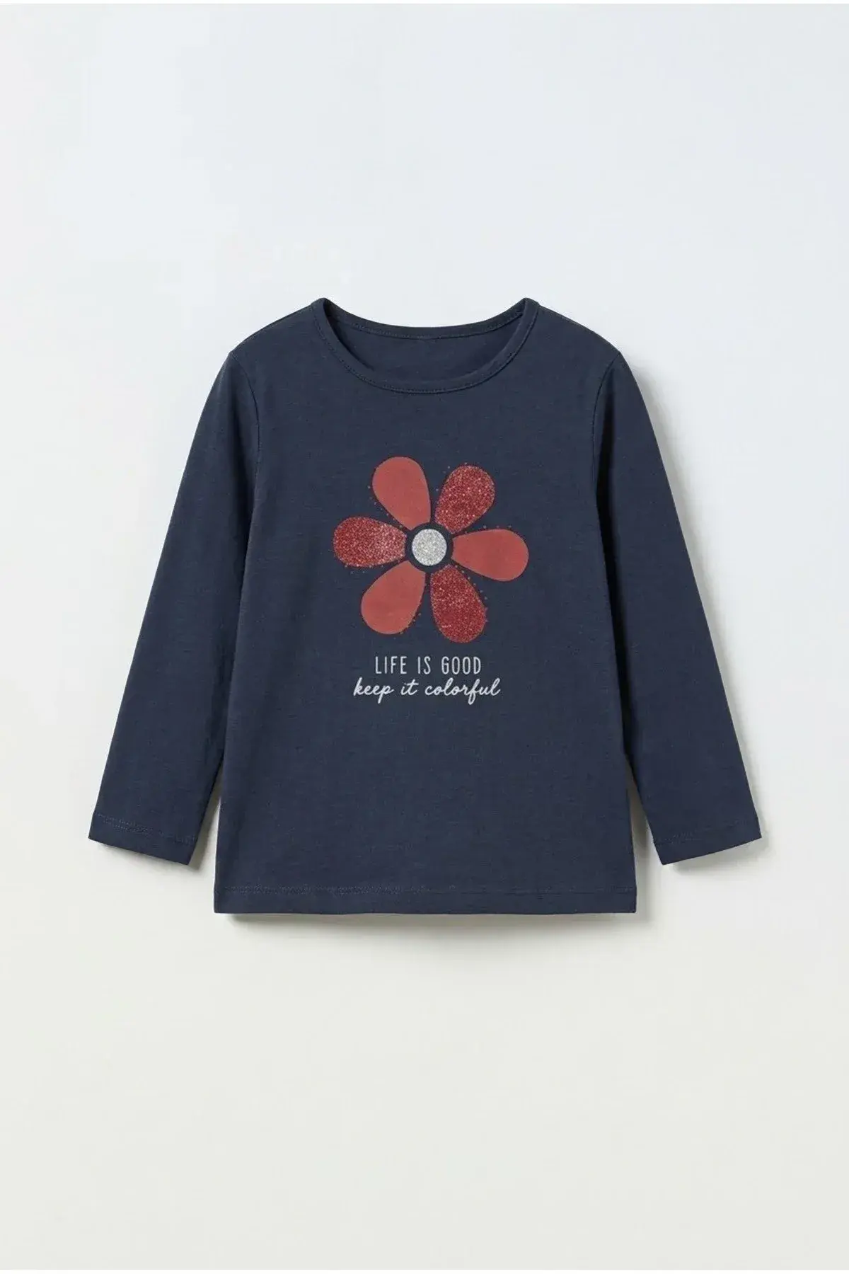 kiz bebek cocuk cicek baskili lacivert t-shirt ZEYDER2330