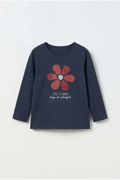 Kız Bebek & Çocuk Çiçek Baskılı Lacivert T-shirt