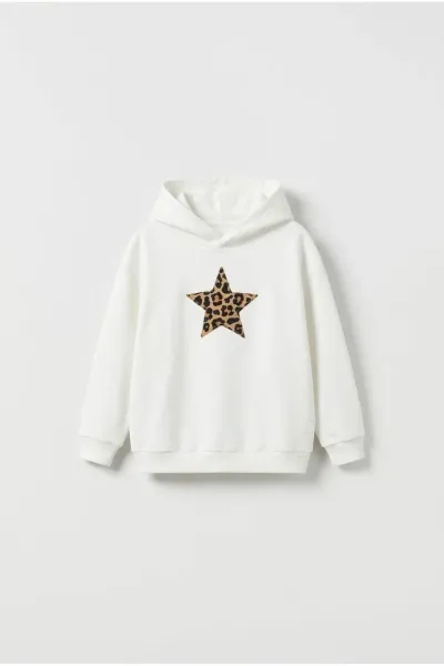 Kız Çocuk Leopar Desenli Ekru Kapşonlu Sweatshirt