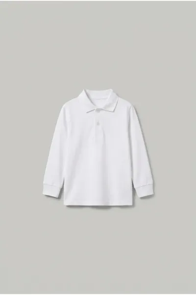 Unisex Çocuk Beyaz Uzun Kollu Polo Yaka Tişört