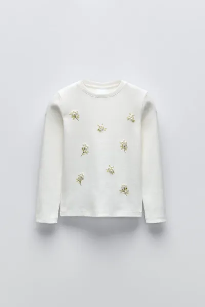 Kız Çocuk Çiçek Boncuk Detaylı T-Shirt
