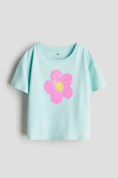 Kız Çocuk Çiçek Desenli Pullu T-Shirt