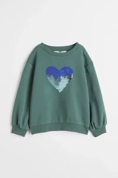 Kız Çocuk Kalpli Çift Yönlü Pullu Sweatshirt