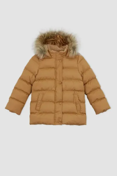 Kız Çocuk Kapüşonlu Suni Kürklü Mont