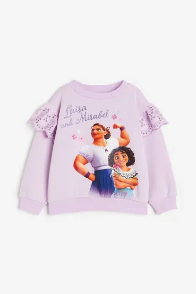Kız Çocuk Omuzu Dantelli Baskılı Sweatshirt