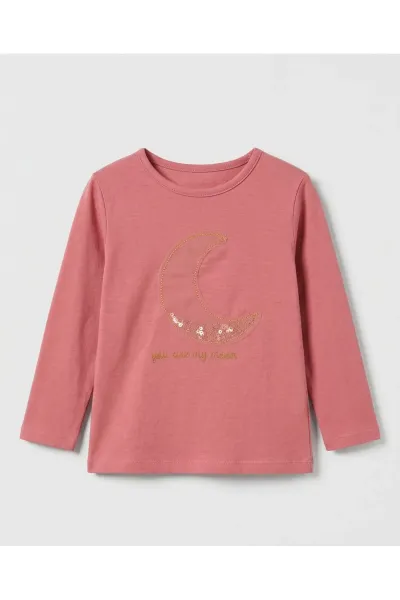 Kız Çocuk Simli Ay Detaylı Tül Aplikeli T-Shirt