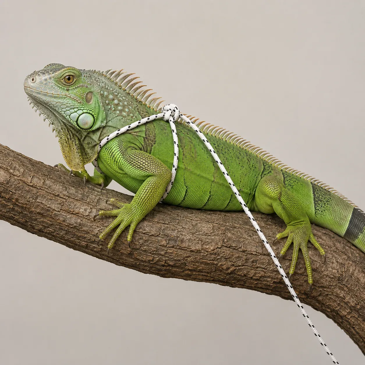 Gezdirme ipi takılı yeşil iguana