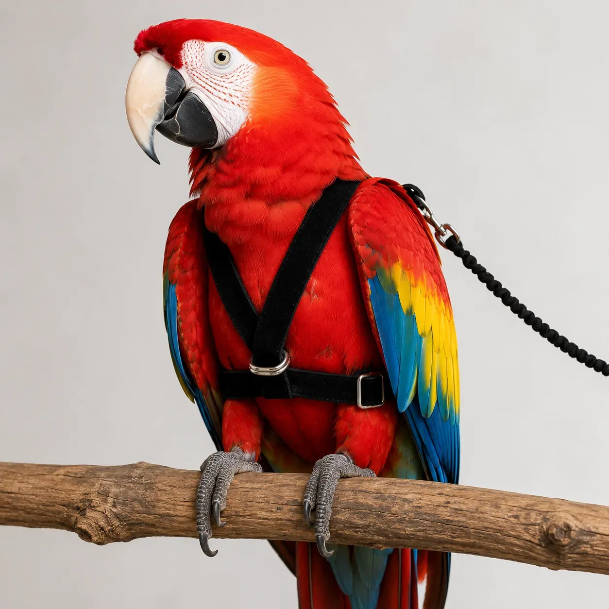 Siyah tasma takılı kırmızı macaw papağanı