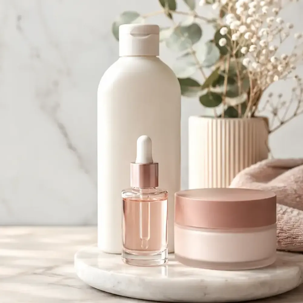 Mermer tepside damlalıklı serum şişesi ve pudra tonlu krem kavanozu