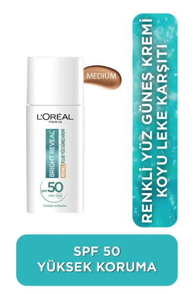 L'Oréal Paris Bright Reveal Spf 50+ Koyu Leke Karşıtı Renkli Fluid Günlük Yüz Güneş Kremi 50ml - Medium