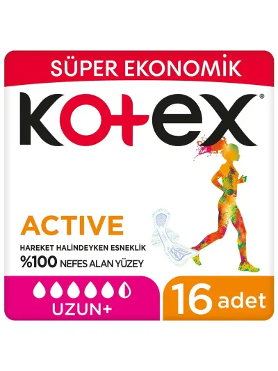 Kotex Hijyenik Ped Active Uzun Süper Ekonomik 16'lı Nefes Alan Yüzey ile Gün Boyu Konfor