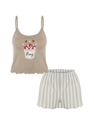 Koza İç Giyim Kadın Ince Askılı Desenli Pamuklu Şortlu Pijama Takımı