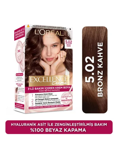 L'Oréal Paris Excellence Creme 5.02 Bronz Kahve Saç Boyası Tüp Formda 3'lü Bakım ile %100 Beyaz Kapama