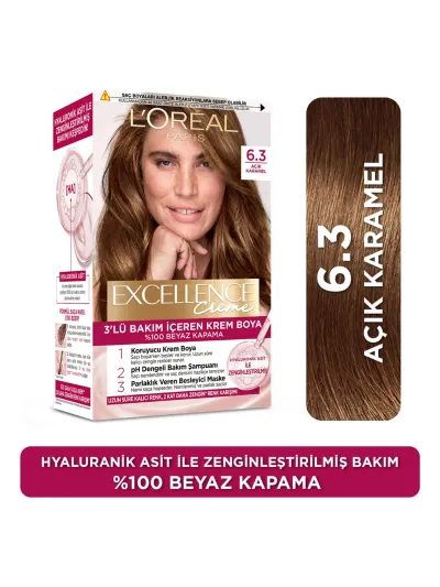 L'Oréal Paris Excellence Creme 6.3 Açık Karamel Saç Boyası Tüp Formda %100 Beyaz Kapatma Etkisi