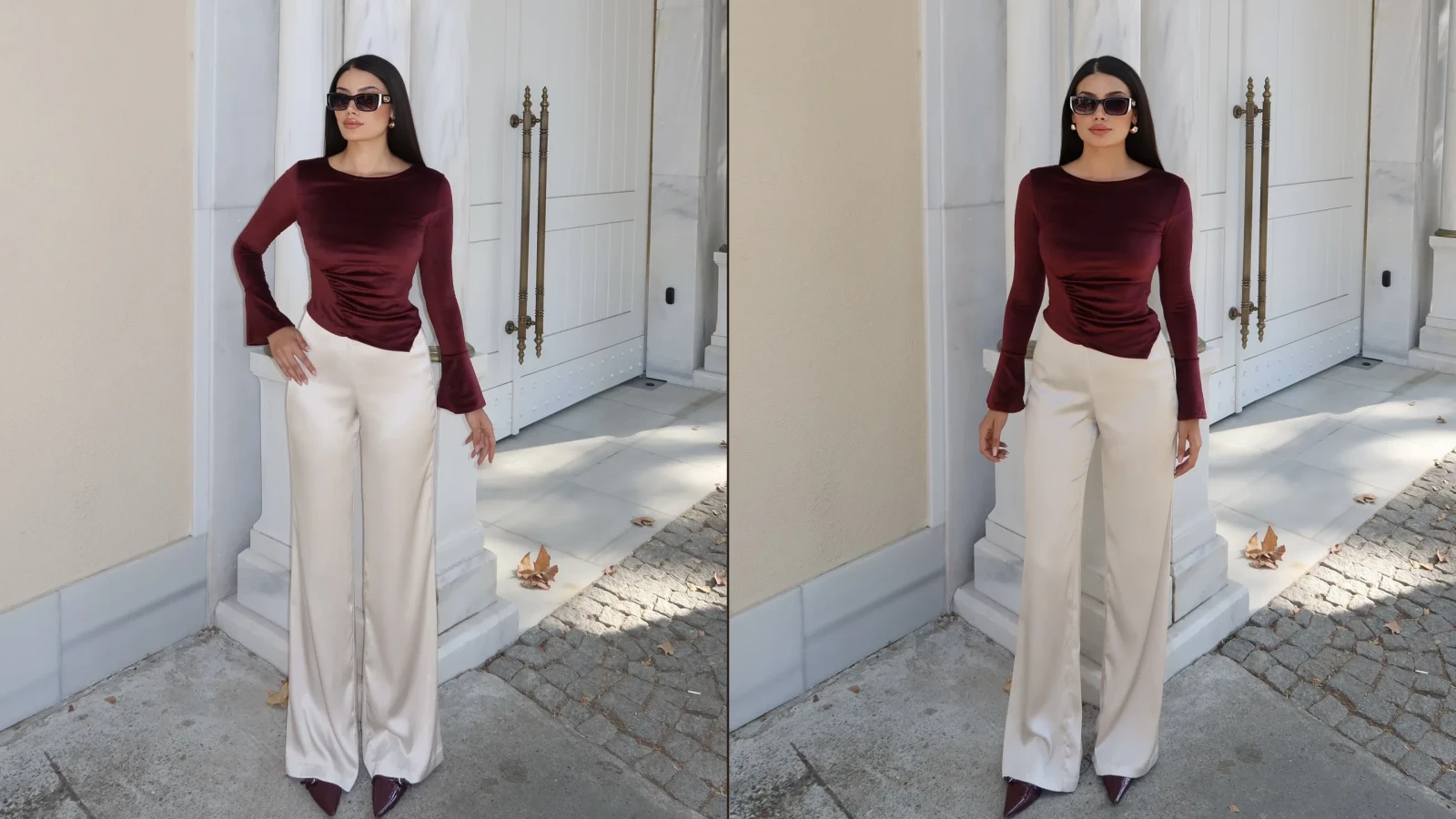 Siyah ve bordo kadife ispanyol kol bluz giyen model, mermer kapı önü çekimi