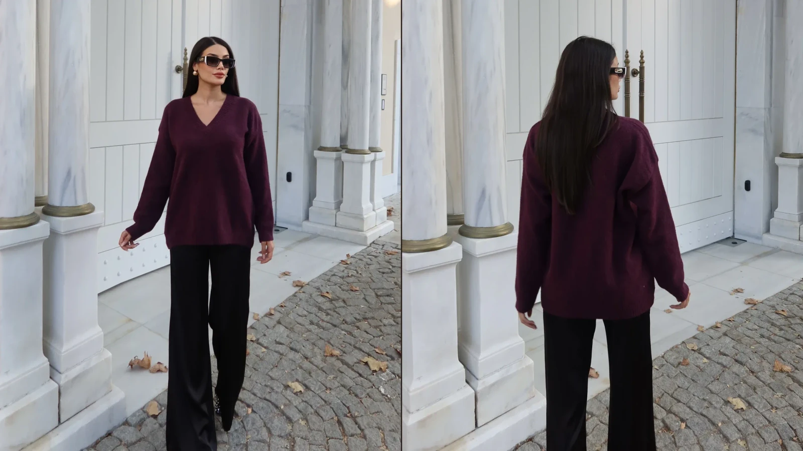 Bordo v yaka oversize triko kazak giyen model, mermer sütunlu kapı önü çekimi