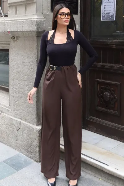 Linda Twill Kumaş Kemer Detay Pantolon Kahverengi