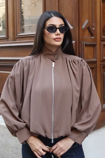 Linda Twill Kumaş Çift Fermuarlı Astarlı Ceket Camel