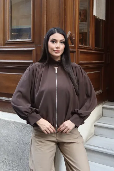 Linda Twill Kumaş Çift Fermuarlı Astarlı Ceket Kahverengi