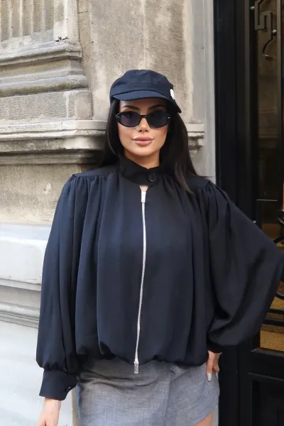 Linda Twill Kumaş Çift Fermuarlı Astarlı Ceket Siyah