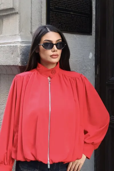Linda Twill Kumaş Çift Fermuarlı Astarlı Ceket Kırmızı