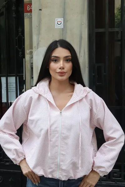 Kareli Kumaş Astarlı Kapşonlu Ceket Pembe
