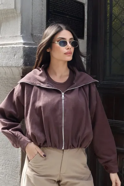 Gabardin Kumaş Şal Yaka Astarlı Fermuarlı Ceket Kahverengi