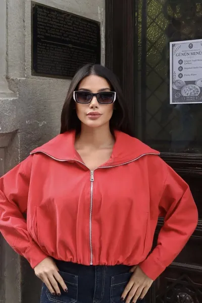 Gabardin Kumaş Şal Yaka Astarlı Fermuarlı Ceket Kırmızı