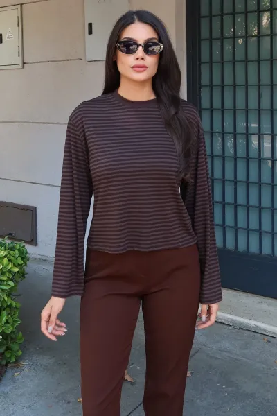 Çizgili Kumaş Basic Bluz Kahverengi