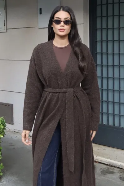 Triko Kuşaklı Uzun Hırka Kahverengi