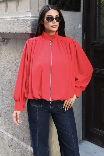 Linda Twill Kumaş Çift Fermuarlı Astarlı Ceket Kırmızı