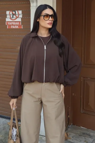 Paraşüt Kumaş Fermuarlı Çıtçıtlı Ceket Kahverengi