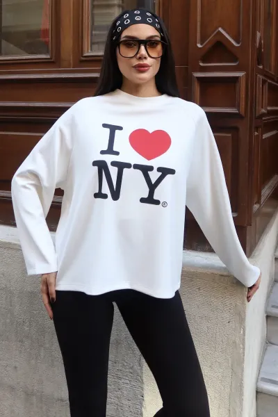 Oysho Kumaş Baskılı Sweat Beyaz