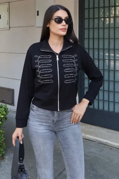 Oysho Kumaş Nakışlı Fermuarlı Hırka Siyah