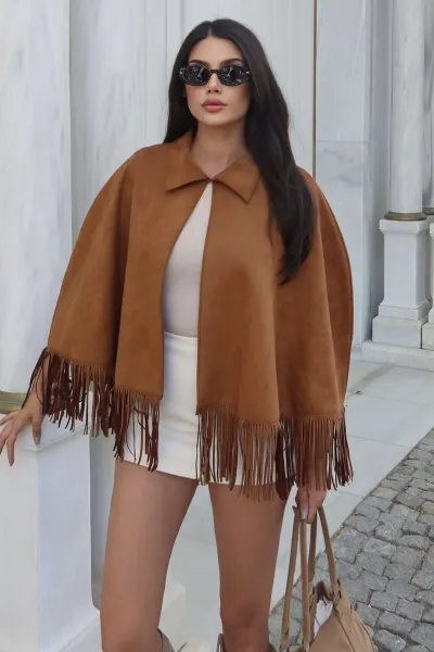 Süet Kumaş Püsküllü Pelerin Taba