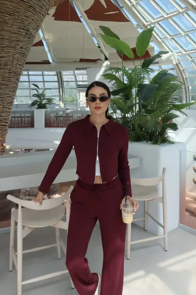 Oysho Kumaş Polo Yaka Çift Fermuarlı Takım Bordo